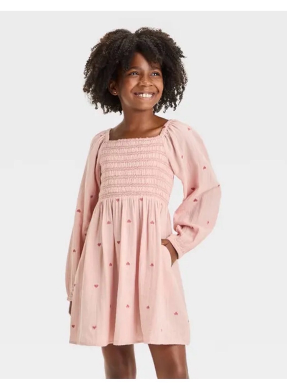 Cat & Jack Girls Long Sleeve Woven Embroidered Heart Dress L 10/12 Pink